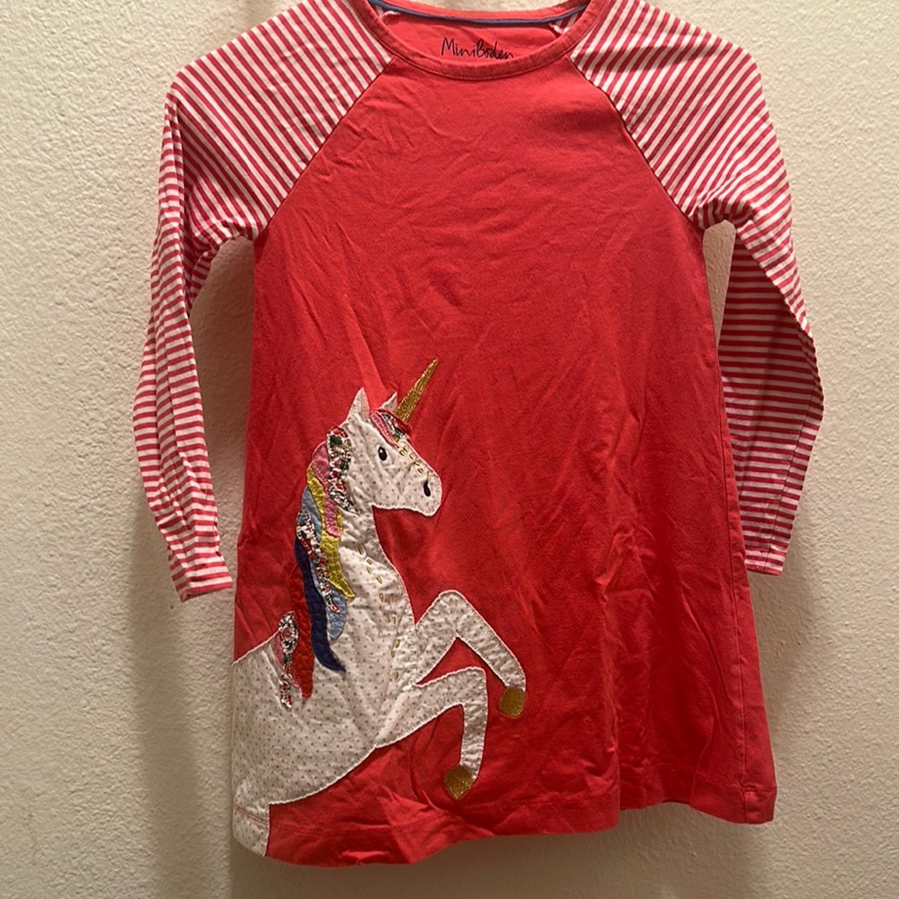 Mini Boden Red and White Casual Dress with Striped Sleeves